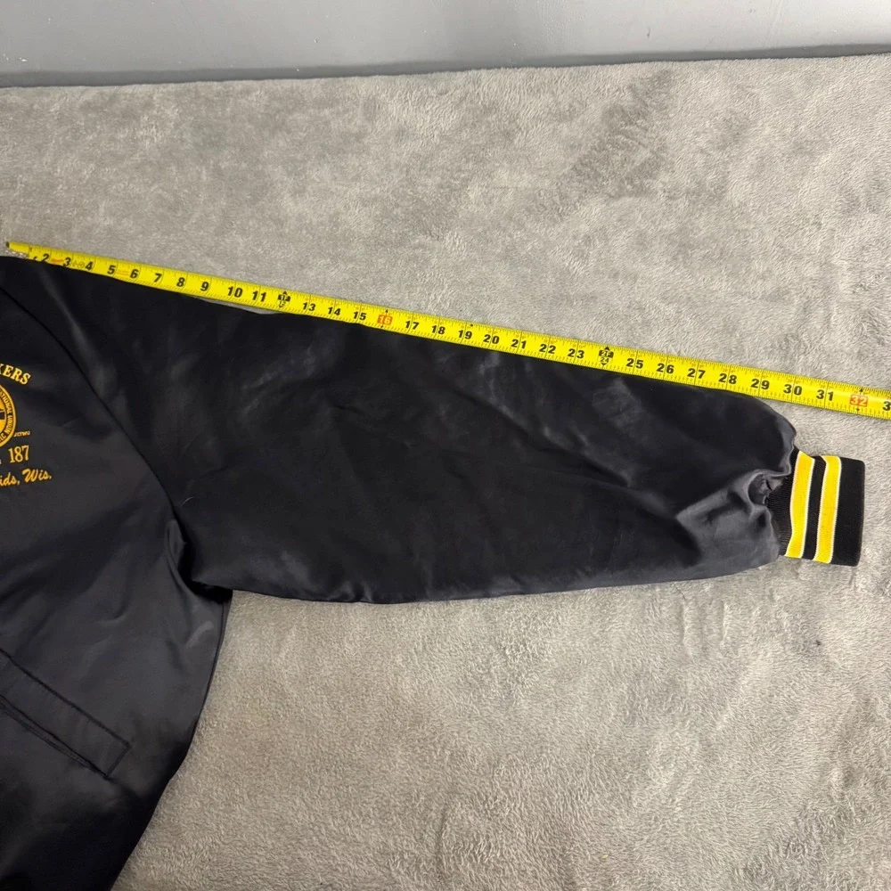 King‎ Louie Pro Fit Bomber Jacket Men L Black Paperworkers Union Satin Vintage